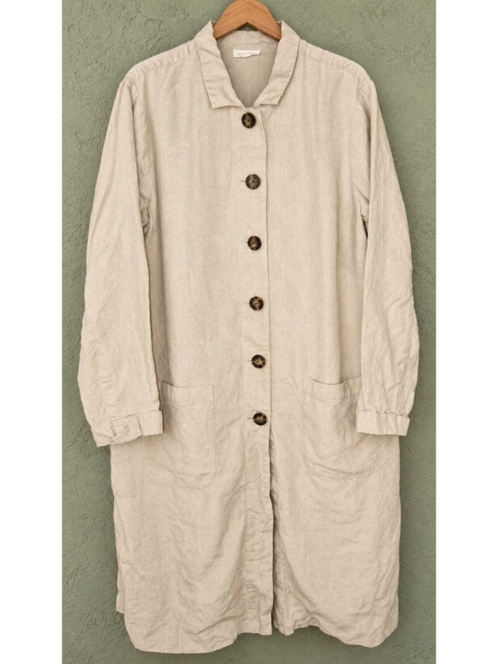 J. Jill L Love 100% Linen Duster Coat Jacket Long Heavy Pockets Chore Coat Flaw